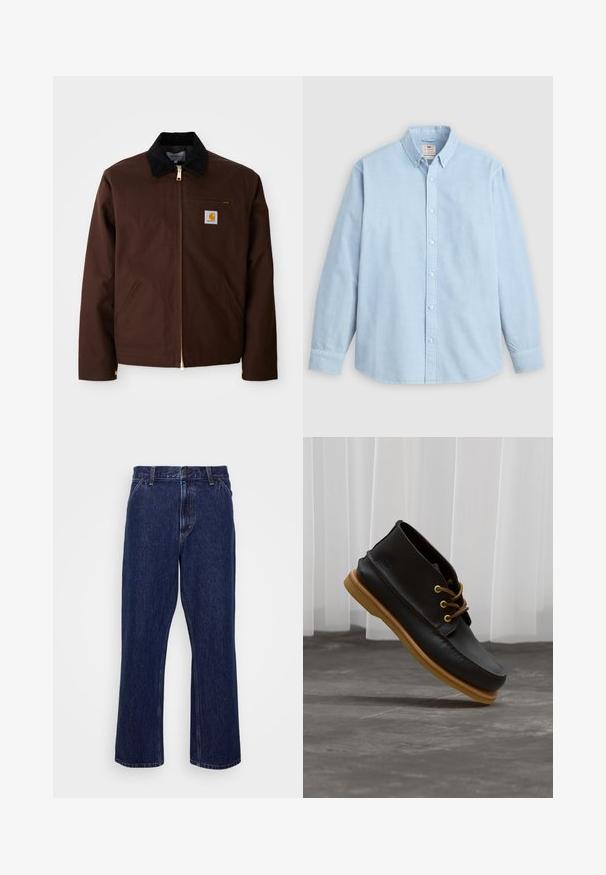 Bruine canvas jas met een gouden rits, corduroy kraag, een borstzak aan de linkerkant met logo patch, en zijzakken met verborgen ritsen.; Lichtblauw overhemd met lange mouwen, knoopsluiting, button-down kraag en een enkele borstzak, plat liggend op een grijze achtergrond.; Donkerblauwe denim jeans met een recht-uitlopende pasvorm, voorzien van een knoopsluiting, vijf zakken en subtiele stikseldetails.; Zwarte leren schoenen met een gladde afwerking, ronde neus, bruine veters en lichtbruine rubberen zolen. Logo gegraveerd aan de zijkant.