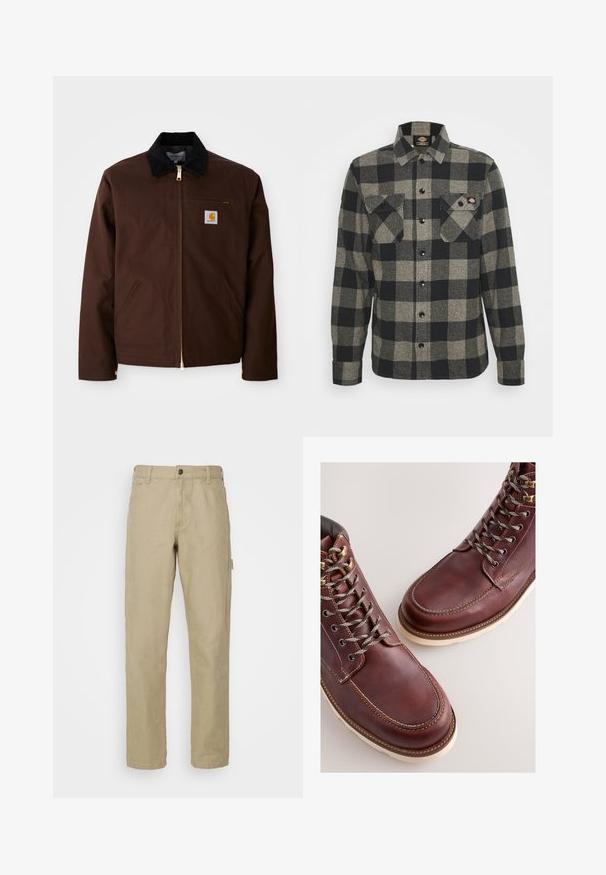 Bruine canvas jas met een gouden rits, corduroy kraag, een borstzak aan de linkerkant met logo patch, en zijzakken met verborgen ritsen.; Zwart en grijs geblokt flanellen shirt met lange mouwen, knoopsluiting aan de voorkant, twee borstzakken en een licht gebogen zoom. Gegarneerde stof.; Beige katoenen broeken met een rechte pijp, voorzien van een frontknopen sluiting, vijf zakken en een zijcargo zak.; Bruine leren laarzen met een gladde afwerking, voorzien van metalen veteroogjes, grijze veters en een rubberen zool in crèmekleur. Stiksel detail langs de randen.