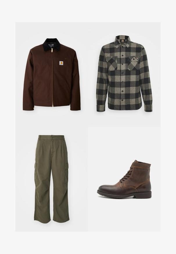 Chaqueta de lona marrón con cremallera dorada, cuello de pana, bolsillo en el pecho izquierdo con parche de logo y bolsillos laterales con cremalleras ocultas.; Camisa de franela a cuadros en negro y gris con mangas largas, cierre de botones en la parte delantera, dos bolsillos en el pecho y un dobladillo ligeramente curvado. Tejido texturizado.; Pantalones cargo en verde oliva, fabricados en algodón, con un diseño de pierna ancha, pliegues y bolsillos laterales para mayor utilidad.; Jack & Jones JFWDELANEY BOOT - Botines con cordones - cognac