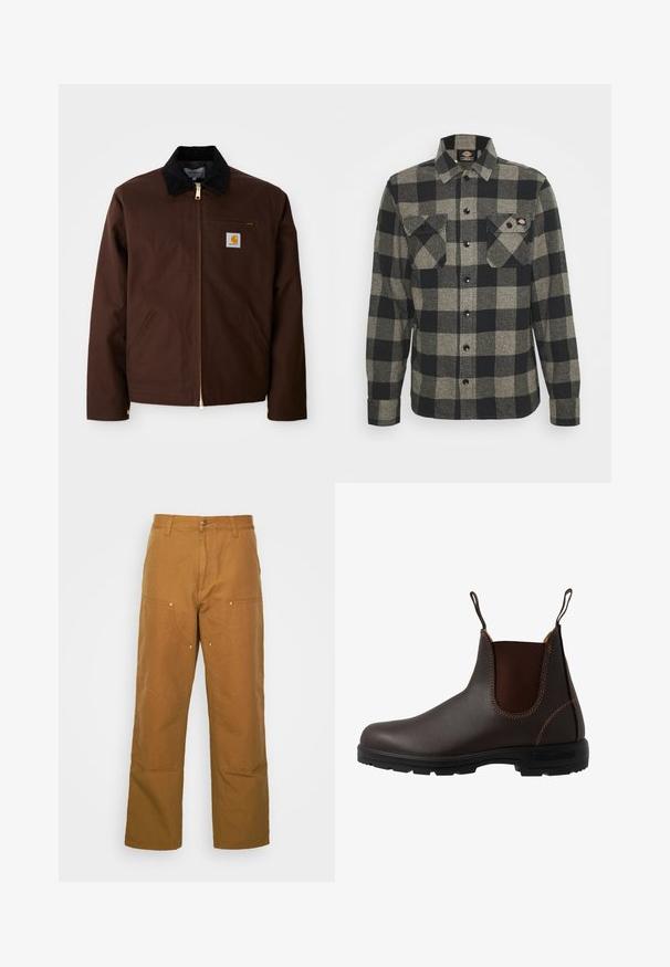 Bruine canvas jas met een gouden rits, corduroy kraag, een borstzak aan de linkerkant met logo patch, en zijzakken met verborgen ritsen.; Zwart en grijs geblokt flanellen shirt met lange mouwen, knoopsluiting aan de voorkant, twee borstzakken en een licht gebogen zoom. Gegarneerde stof.; Bruine katoenen utility broeken met een rechte pijpdesign, voorzien van voorzakken en metalen hardware accenten voor extra duurzaamheid.; Bruine leren Chelsea-laars met elastisch zijpaneel, bruine stiksels, trekriempjes en een duurzame rubberen zool met een gestructureerd patroon.