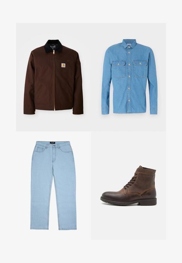 Bruine canvas jas met een gouden rits, corduroy kraag, een borstzak aan de linkerkant met logo patch, en zijzakken met verborgen ritsen.; Lichtblauw denim overhemd met lange mouwen, knoopsluiting aan de voorkant, twee borstzakken, puntige kraag en gouden knopen. Gladde textuur, casual ontwerp.; Lichtblauwe jeans met rechte pijpen, voorzakken, riemlussen, knoopsluiting en zichtbare stikdetails.; Jack & Jones JFWDELANEY BOOT - Veterboots - cognac