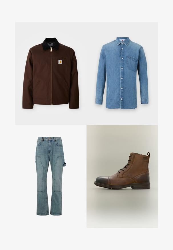 Brun canvasjakke med en gylden lynlås, fløjlskrage, venstre brystlomme med logo-patch og sidelommer med skjulte lynlåse.; Lysblå denimskjorte med lange ærmer, krave, frontknapper og en brystlomme. Har et lille logo på lommen. Glat tekstur.; Lyseblå denim cargo bukser med lige ben-design, der har flere lommer og en knaplukning i taljen.; Brun læderstøvle med snørebånd, sort tåhætte, rund sål og mærket detalje på siden mod ensfarvet baggrund.
