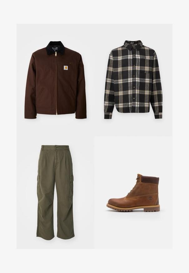 Brun canvasjakke med en gylden lynlås, fløjlskrage, venstre brystlomme med logo-patch og sidelommer med skjulte lynlåse.; Sort skjorte med knapper, lange ærmer og tern i beige, hvid og grå, med en enkelt brystlomme på venstre side.; Cargo bukser i olivengrøn, lavet af bomuld, med et bredt ben design, læg og sidelommer til praktisk anvendelse.; Brun læder vandrestøvle med en glat finish, polstret ankel, metalliske snørehuller og en gummisål med et robust dækmønster.