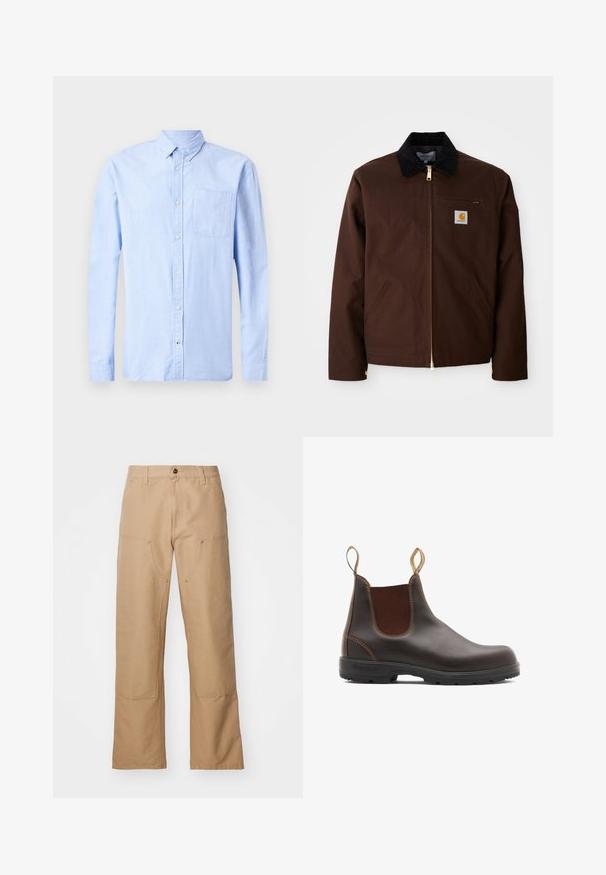Chaqueta de lona marrón con cremallera dorada, cuello de pana, bolsillo en el pecho izquierdo con parche de logo y bolsillos laterales con cremalleras ocultas.; Camisa de manga larga azul clara, confeccionada en una tela suave, que presenta un cuello abotonado y un solo bolsillo en el pecho.; Pantalones de pierna ancha beige hechos de lona, con bolsillos frontales, detalles en dorado y un diseño de frente plano.; Botas Chelsea de cuero marrón con paneles laterales elásticos y tiradores. Parte superior texturizada, suela de goma duradera y detalle de costura en contraste.