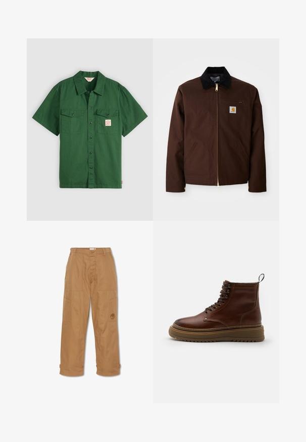 Bruine canvas jas met een gouden rits, corduroy kraag, een borstzak aan de linkerkant met logo patch, en zijzakken met verborgen ritsen.; Korte mouwen groene katoenen shirt met knoopsluiting, twee borstzakken en een klein label op de linkse zak. Effen, geen patronen.; Khaki werkbroek, gemaakt van duurzaam materiaal, heeft meerdere zakken, een knoopsluiting en een geborduurd logo op de dij.; Bruine leren enkelboot met ronde neus, vetersluiting aan de voorkant, gewatteerde opstaande kraag en dikke rubberen zool met een gestreept patroon.