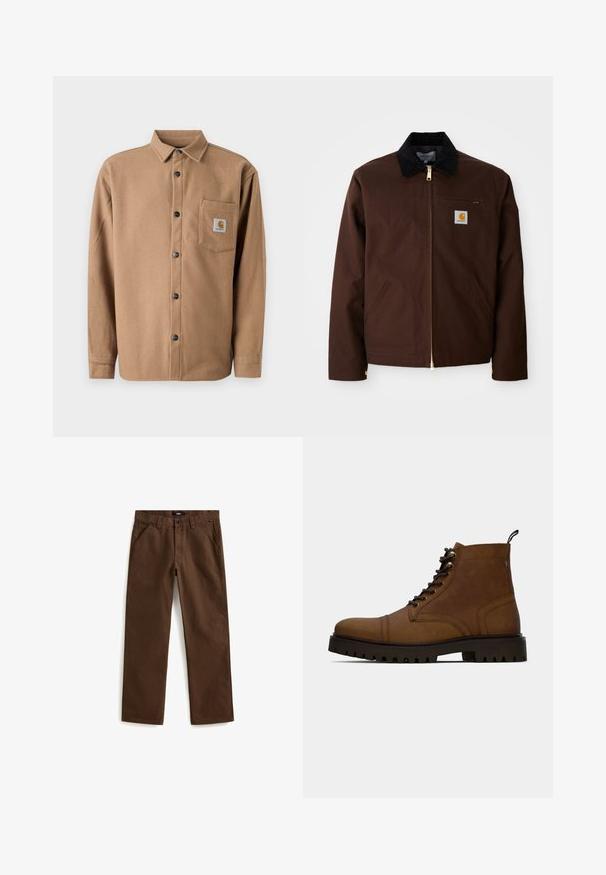 Brun canvasjakke med en gylden lynlås, fløjlskrage, venstre brystlomme med logo-patch og sidelommer med skjulte lynlåse.; Brun flannel skjorte med knapper, lange ærmer, enkelt brystlomme med logopatch og sorte knapper. Blød tekstur.; Brune bomuldsbukser med lige ben, frontlommer og en sikker knaplukning i taljen. Glat tekstur med et afslappet design.; Brun læder snørefri ankelstøvle med tyk sort sål og hængslet på en hvid baggrund.