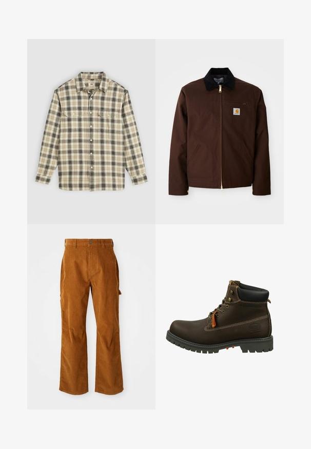 Brun canvasjakke med en gylden lynlås, fløjlskrage, venstre brystlomme med logo-patch og sidelommer med skjulte lynlåse.; Langærmet ternet skjorte i beige, sort og brun stof, med knaplukning, to brystlommer og klassisk krave-design.; Brune kordfløjlsbukser med en udvidet benstruktur, med sidelommer og en frontknaplukning. Teksturen er blød og ribbet.; Dockers by Gerli Snørestøvletter - schoko