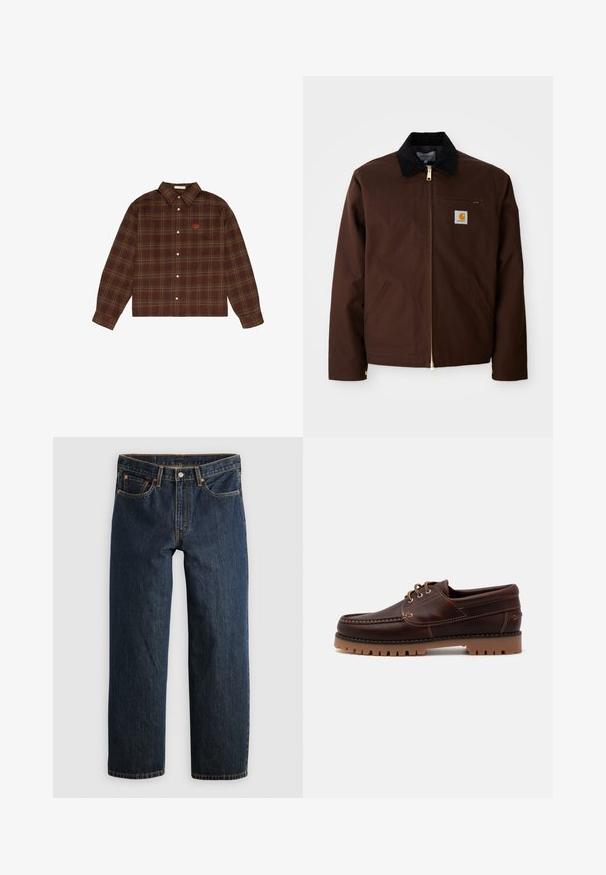 Veste en toile marron avec une fermeture éclair dorée, un col en velours côtelé, une poche sur la poitrine gauche avec un patch logo et des poches latérales avec des fermetures éclair cachées.; Chemise à carreaux marron et vert avec des manches longues et un petit logo brodé orange sur la poitrine gauche.; Jean en denim bleu foncé avec une coupe droite. Comprend cinq poches, des surpiqûres contrastantes et une fermeture à bouton à la taille.; Bateau en cuir marron avec des détails de couture, design à lacets et semelle en caoutchouc robuste avec des crampons texturés pour une meilleure adhérence.