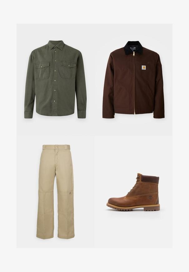 Chaqueta de lona marrón con cremallera dorada, cuello de pana, bolsillo en el pecho izquierdo con parche de logo y bolsillos laterales con cremalleras ocultas.; Camisa de manga larga color caqui hecha de algodón. Presenta un cierre de botones en la parte delantera, dos bolsillos en el pecho con solapas y un cuello clásico. Diseño sencillo.; Pantalones de pierna ancha color beige, confeccionados con una tela resistente, que presentan una cintura alta, costuras visibles y un pequeño parche con logo en el lateral.; Botas de senderismo de cuero marrón con un acabado suave, tobillo acolchado, ojales de metal y suela de goma con un patrón de tracción robusto.