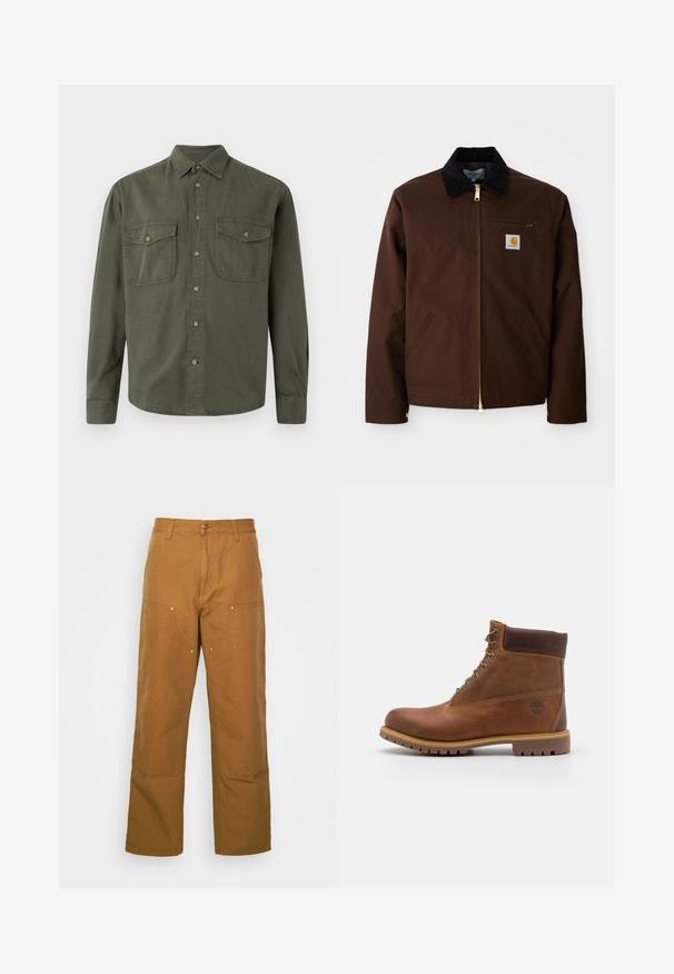 Bruine canvas jas met een gouden rits, corduroy kraag, een borstzak aan de linkerkant met logo patch, en zijzakken met verborgen ritsen.; Khaki langekootshirt van katoen. Heeft een knoopsluiting aan de voorkant, twee borstzakken met kleppen en een klassieke kraag. Eenvoudig ontwerp.; Bruine katoenen utility broeken met een rechte pijpdesign, voorzien van voorzakken en metalen hardware accenten voor extra duurzaamheid.; Bruine leren wandelschoen met een gladde afwerking, gevoerde enkel, metalen oogjes en een rubberen zool met een robuust profiel.