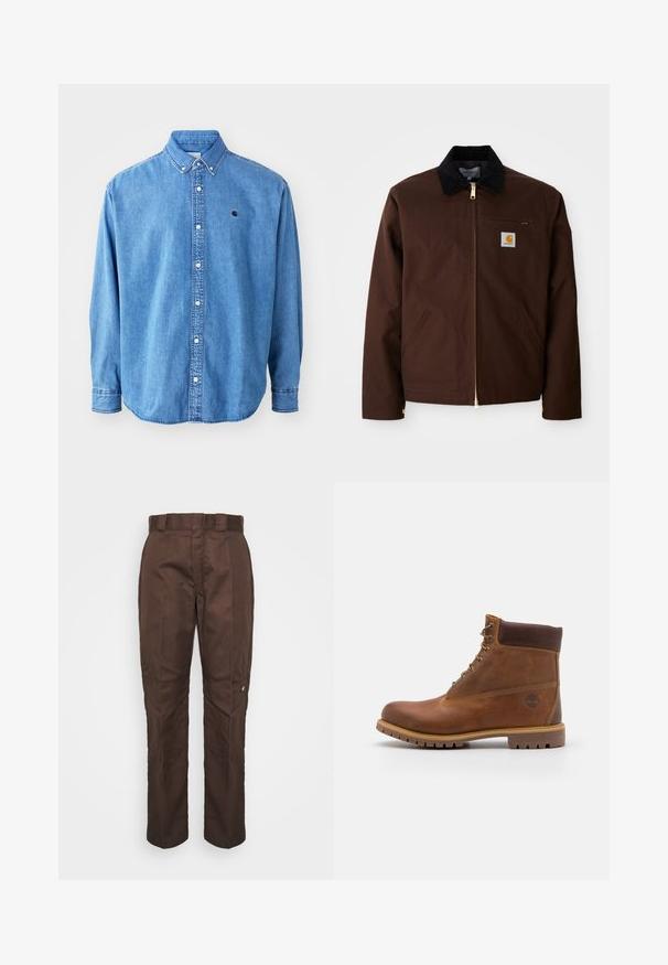 Veste en toile marron avec une fermeture éclair dorée, un col en velours côtelé, une poche sur la poitrine gauche avec un patch logo et des poches latérales avec des fermetures éclair cachées.; Chemise en denim, couleur bleu clair, avec un col pointu, des manches longues et un petit logo sur la poitrine. Comprend des boutons blancs et des coutures brodées.; Pantalon marron à jambe droite avec une texture lisse. Présente des passants de ceinture, des coutures latérales et un petit logo de marque sur la jambe gauche.; Botte de randonnée en cuir marron avec une finition lisse, cheville rembourrée, œillets en métal et semelle en caoutchouc dotée d'un motif de crampons robuste.