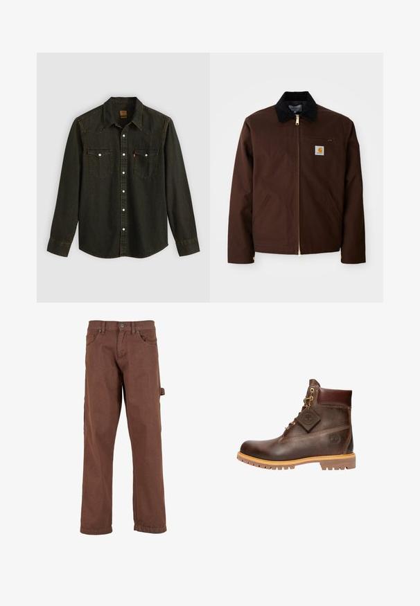 Brun canvasjakke med en gylden lynlås, fløjlskrage, venstre brystlomme med logo-patch og sidelommer med skjulte lynlåse.; Langærmet sort denimskjorte med spids krave, to brystlommer, sølvknapper og gule syninger. Klassisk western-design.; Brune cargo bukser lavet af robust stof, med et lige ben-design, frontlommer og en sidelomme med klap.; Brun læder ankelstøvle med rund tå, solid sål, hardware i guldtone og en tekstureret overdel. Inkluderer et logo-tagfæstet.