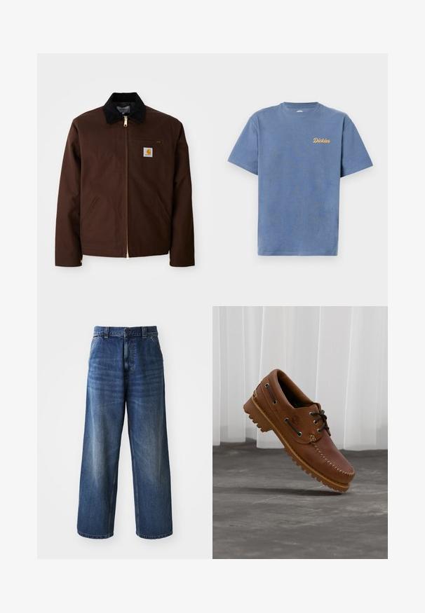 Brun canvasjakke med en gylden lynlås, fløjlskrage, venstre brystlomme med logo-patch og sidelommer med skjulte lynlåse.; Blå kortærmet t-shirt med rund halsudskæring og lille gul "Dickies"-logo på venstre bryst mod en hvid baggrund.; Højtaljede blå denimjeans med vid benvidde, der har subtil falming, forlommer og en knaplukning i taljen.; Brun læder bådsko med sorte snørebånd, beige syninger og en robust sål, hængende over en grå betongulv.