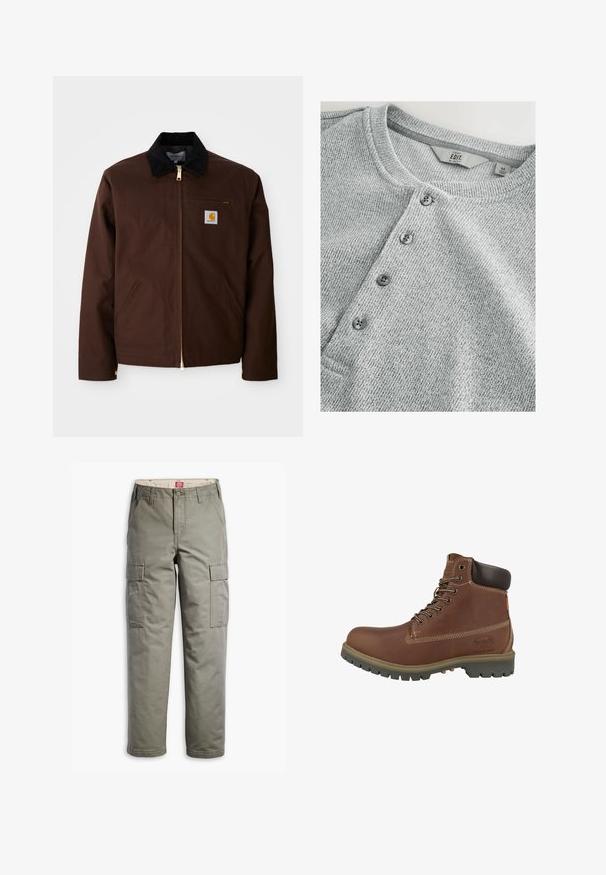 Braune Canvas-Jacke mit goldener Reißverschluss, Cordkragen, linke Brusttasche mit Logo-Patch und seitlichen Taschen mit verdeckten Reißverschlüssen.; Graues, gestricktes Langarmshirt mit Rundhalsausschnitt, fünf Knöpfen, gerippter Textur und schlankem Schnitt. Das Etikett zeigt Größe M an.; Cargo-Hosen in Olivgrün, aus strapazierfähigem Baumwollmix, mit seitlichen Taschen, einem geraden Bein-Design und Knopfverschluss.; Brauner Lederknöchelstiefel mit metallischen Ösen, cremefarbenen Nähten und einer Gummisohle. Verfügt über einen gepolsterten Kragen und ein geprägtes Logo an der Seite.