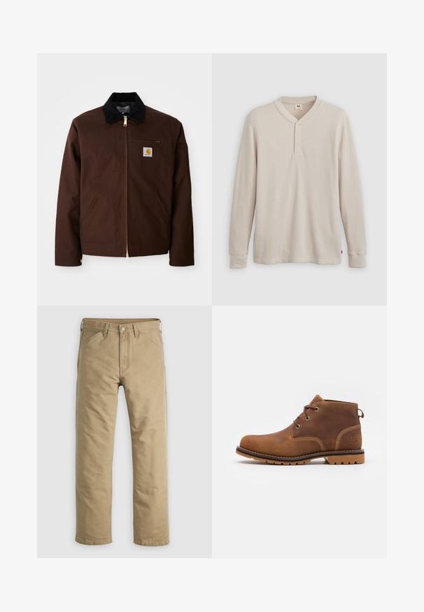 Bruine canvas jas met een gouden rits, corduroy kraag, een borstzak aan de linkerkant met logo patch, en zijzakken met verborgen ritsen.; Lange mouwen henley-shirt in lichtbeige ribbelstof, met een V-hals, een drieknoopsluiting en manchetten. Rode logo-label aan de onderkant.; Kaki katoenen broek met een rechte pijp, voorzakken en een knoopsluiting. Glad textuur en verstevigde naden voor duurzaamheid.; Timberland LARCHMONT II WP CHUKKA - Veterboots - rust