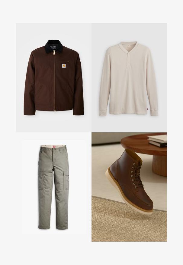 Brun canvasjakke med en gylden lynlås, fløjlskrage, venstre brystlomme med logo-patch og sidelommer med skjulte lynlåse.; Langærmet henley-skjorte i lys beige ribbet stof, med V-hals, tre-knap placket og manchetter ved ærmerne. Rød logo-tags ved kanten.; Cargo bukser i olivengrøn, lavet af slidstærkt bomuldsblanding, med sidelommer, lige ben design og knaplukning.; Brune læderankelstøvle med beige sål på et struktureret beige tæppe ved siden af et rundt træbord med stakke af bøger.