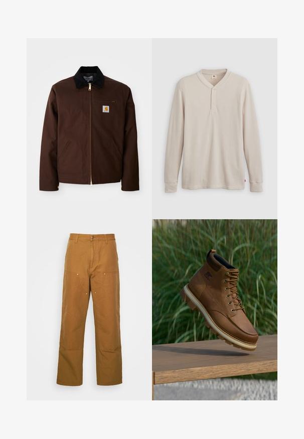 Veste en toile marron avec une fermeture éclair dorée, un col en velours côtelé, une poche sur la poitrine gauche avec un patch logo et des poches latérales avec des fermetures éclair cachées.; T-shirt henley à manches longues en tissu côtelé beige clair, avec un col en V, une patte de boutonnage à trois boutons et des manches à poignets. Étiquette logo rouge à l'ourlet.; Pantalons utilitaires en coton marron avec une coupe droite, dotés de poches avant et d'accents en métal pour une durabilité accrue.; Botte de randonnée Sorel en cuir marron avec une semelle à crampons épaisse flottant au-dessus d'une surface en bois, avec de l'herbe verte en arrière-plan.