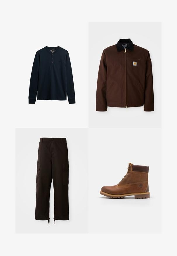 Chaqueta de lona marrón con cremallera dorada, cuello de pana, bolsillo en el pecho izquierdo con parche de logo y bolsillos laterales con cremalleras ocultas.; Camisa henley de manga larga en color marino, hecha de algodón suave, con una tapeta de tres botones, dobladillo redondeado y pequeño logotipo en el pecho.; Pantalones cargo negros con un corte relajado, que cuentan con dos bolsillos laterales, cierre de botón y cuerdas ajustables en el dobladillo.; Botas de senderismo de cuero marrón con un acabado suave, tobillo acolchado, ojales de metal y suela de goma con un patrón de tracción robusto.