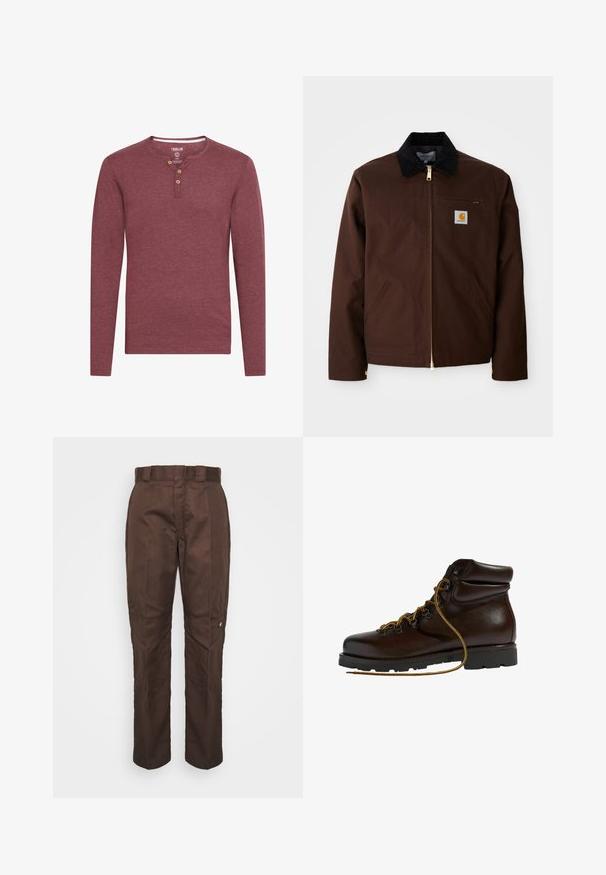 Chaqueta de lona marrón con cremallera dorada, cuello de pana, bolsillo en el pecho izquierdo con parche de logo y bolsillos laterales con cremalleras ocultas.; Camisa henley de manga larga en burdeos, hecha de una tela suave, con escote redondeado y tres botones de madera en la tapeta.; Pantalones marrones de pierna recta con una textura suave. Presenta un lazo para cinturón, costuras laterales y un pequeño logo de la marca en la pierna izquierda.; Botas de senderismo de cuero marrón con punta redondeada, superficie texturizada, cordones amarillos y ojales de metal. Cuentan con una suela de goma negra resistente.