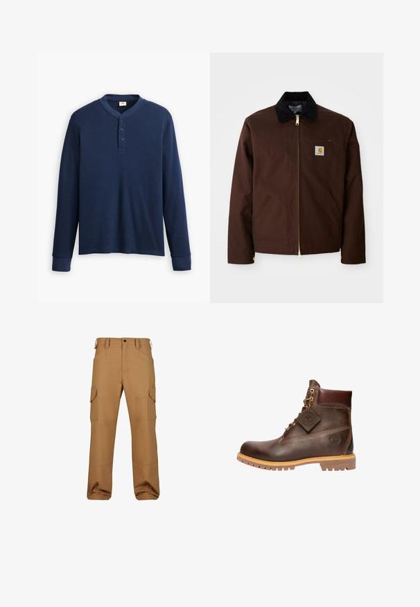Braune Canvas-Jacke mit goldener Reißverschluss, Cordkragen, linke Brusttasche mit Logo-Patch und seitlichen Taschen mit verdeckten Reißverschlüssen.; Langärmliges navyblaues Henley-Shirt aus geripptem Stoff. Mit rundem Ausschnitt und einer Knopfleiste mit drei Knöpfen. Die Bündchen sind schmal geschnitten.; Braune Cargo-Hosen aus strapazierfähigem Material, mit mehreren Taschen, lockerer Passform und verstärkten Nähdetails.; Braune Leder-Ankelstiefel mit runder Zehenpartie, robuster Sohle, goldfarbener Hardware und strukturiertem Obermaterial. Enthält ein angehängtes Logo-Tag.