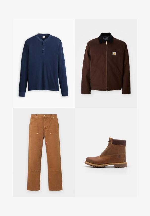 Chaqueta de lona marrón con cremallera dorada, cuello de pana, bolsillo en el pecho izquierdo con parche de logo y bolsillos laterales con cremalleras ocultas.; Camisa henley de manga larga en color azul marino hecha de tela acanalada. Presenta un escote redondo y una tapeta de tres botones. Los puños son ajustados.; Pantalones marrones de pierna recta con bolsillos delanteros parche, detalles de remaches, trabillas para cinturón y cierre con botón en la cintura.; Botas de senderismo de cuero marrón con un acabado suave, tobillo acolchado, ojales de metal y suela de goma con un patrón de tracción robusto.