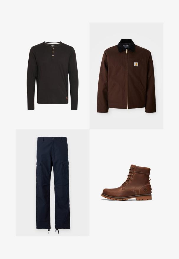 Chaqueta de lona marrón con cremallera dorada, cuello de pana, bolsillo en el pecho izquierdo con parche de logo y bolsillos laterales con cremalleras ocultas.; Camisa de manga larga negra hecha de una tela suave, con un cuello redondo, tapeta de botones con botones de madera y una pequeña etiqueta de logo en el dobladillo.; Pantalones cargo azul marino con cierre de botón, trabillas para cinturón, bolsillos laterales con solapa y cordones ajustables en los bajos de los tobillos.; Botín de cuero marrón hasta el tobillo con diseño de cordones, cuello acolchado, costuras en contraste y suela de goma con un patrón de textura.