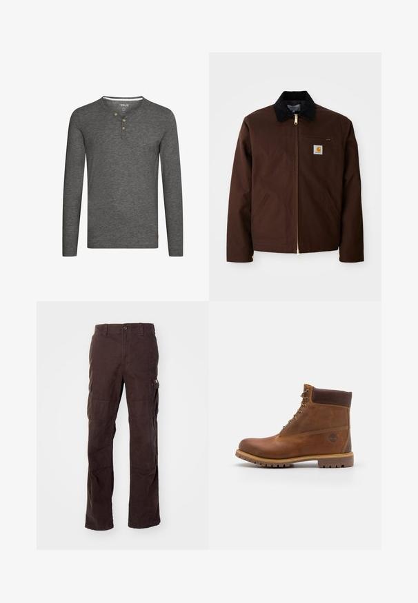 Veste en toile marron avec une fermeture éclair dorée, un col en velours côtelé, une poche sur la poitrine gauche avec un patch logo et des poches latérales avec des fermetures éclair cachées.; Chemise à manches longues grise avec un col henley, trois boutons en bois et une petite étiquette logo en bas à gauche. Tissu doux et texturé.; Pantalons cargo marron en tissu coton résistant, dotés de poches latérales, d'une coupe décontractée et de jambes droites avec des détails de couture visibles.; Botte de randonnée en cuir marron avec une finition lisse, cheville rembourrée, œillets en métal et semelle en caoutchouc dotée d'un motif de crampons robuste.