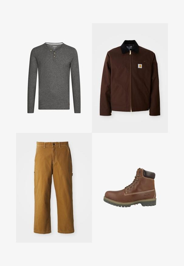 Chaqueta de lona marrón con cremallera dorada, cuello de pana, bolsillo en el pecho izquierdo con parche de logo y bolsillos laterales con cremalleras ocultas.; Camisa de manga larga gris con un escote tipo henley, tres botones de madera y una pequeña etiqueta con el logo en la parte inferior izquierda. Tejido suave y texturizado.; Pantalones de algodón marrón con corte recto, costuras reforzadas y bolsillos laterales. Cuenta con un cierre de botón y trabillas para cinturón en la cintura.; Botín de piel marrón con puntera redondeada, cuello acolchado, costuras blancas y suela de goma con patrón antideslizante.