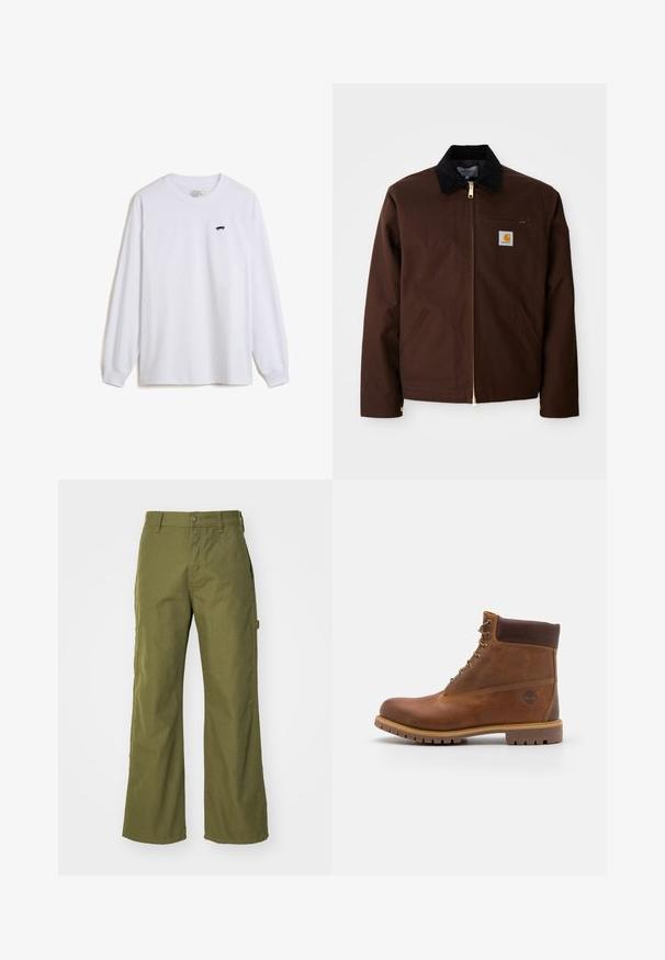 Brun canvasjakke med en gylden lynlås, fløjlskrage, venstre brystlomme med logo-patch og sidelommer med skjulte lynlåse.; Hvid langærmet t-shirt i bomuld med et lille sort skateboardgrafik på venstre bryst og ribbede manchetter.; Oliven grønne bukser med bred ben, lavet af slidstærkt stof, med knaplukning, sidelommer og lige kantdesign.; Brun læder vandrestøvle med en glat finish, polstret ankel, metalliske snørehuller og en gummisål med et robust dækmønster.