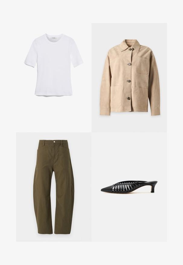 Beige ruskind jakke med knapper, krave og tre frontlommer, vist på en ensfarvet lys baggrund.; Hvid kortærmet t-shirt lavet af ribbet stof. Rund halsudskæring, almindelig pasform og subtile syninger. Ingen mønstre eller grafik.; Højtaljede olivengrønne bukser med vide ben, frontlommer, bæltestropper og knaplukning ved linningen.; Sort læder mule med spids snude, stropdetalje og lav kittenhælk på hvid baggrund.