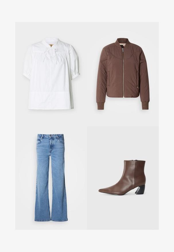 Veste bomber marron avec fermeture éclair à l'avant, poignets et col côtelés, finition lisse et texturée. Comprend des poches latérales et des détails surpiqués.; Blouse blanche à manches courtes avec empiècement froncé et manches bouffantes, dotée d'un petit col montant avec un nœud noué au niveau du cou.; Jean large de couleur bleu clair en denim. Doté d'un design classique à cinq poches et d'une braguette à boutons apparents. Texture douce et finition unie.; RAID DEBRA - Boots à talons - brown
