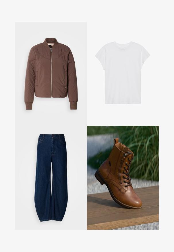 Veste bomber marron avec fermeture éclair à l'avant, poignets et col côtelés, finition lisse et texturée. Comprend des poches latérales et des détails surpiqués.; T-shirt blanc à manches courtes, col rond, coupe décontractée, en tissu de coton doux. Texture lisse, sans motifs ni logos.; Jean large en denim bleu foncé avec une taille haute, une fermeture à bouton et deux poches avant. Présente une texture lisse et des coutures visibles.; Bottine en cuir marron avec fermeture éclair latérale et lacets, posée sur une surface en bois à l'extérieur avec un arrière-plan flou de verdure.