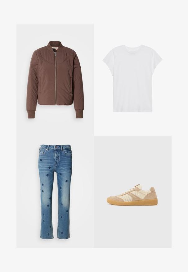 Veste bomber marron avec fermeture éclair à l'avant, poignets et col côtelés, finition lisse et texturée. Comprend des poches latérales et des détails surpiqués.; T-shirt blanc à manches courtes, col rond, coupe décontractée, en tissu de coton doux. Texture lisse, sans motifs ni logos.; Jean en denim bleu clair avec une coupe droite, ornés de broderies florales navy et d'effets de délavage près des poches et de l'ourlet.; Baskets basses beige et crème avec des panneaux en maille et en suède, des lacets blancs et une semelle en caoutchouc gomme, vues de côté sur un fond uni.