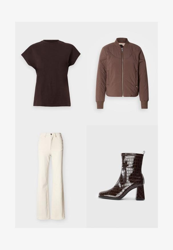 Veste bomber marron avec fermeture éclair à l'avant, poignets et col côtelés, finition lisse et texturée. Comprend des poches latérales et des détails surpiqués.; T-shirt à manches courtes et col rond de couleur marron foncé, avec des manches larges et un ourlet droit sur un fond clair uni.; Jean taille haute couleur blanc cassé avec bouton à l'avant, fermeture éclair, poches avant et arrière, et coupe légèrement évasée au niveau des jambes.; Bottine en cuir verni marron foncé, avec texture crocodile, talon carré et tirant à l'arrière sur fond blanc.