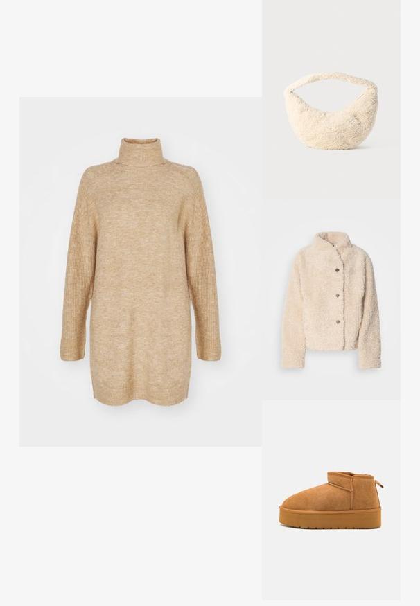 Beige, luksuriøs fleecejakke med høj krave, fem knapper og et let cropped design. Blødt, tekstureret stof med et hyggeligt udseende.; Beige turtleneck sweater, oversized pasform, ribbestruktur ved kraven og ærmerne, strikket stof og drop shoulder-design.; Brune suede ankelstøvler med en rund tå, lav skæring, og en tekstureret gummisål med en lille platform og et hængsel.; Cremefarvet taske med en blød, fluffy tekstur. Buet form og en bred rem til at bære. Simpelt design, ingen synlige hardware eller accenter.