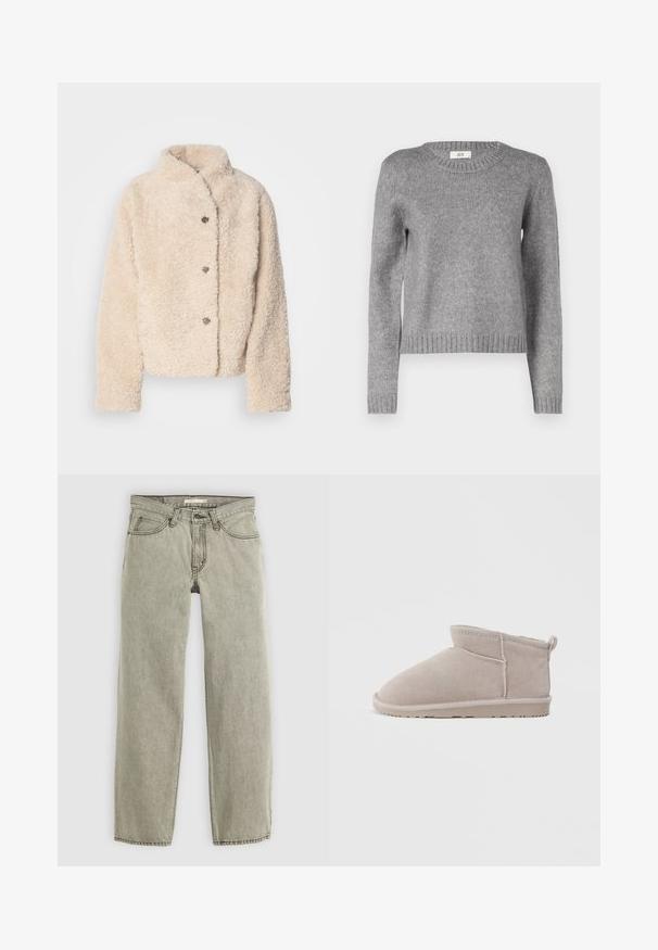 Veste en polaire beige, douce et confortable, avec un col montant, cinq boutons et un design légèrement court. Tissu doux et texturé avec une apparence chaleureuse.; Pull en tricot gris avec un col rond et des manches longues. Présente un ourlet et des poignets côtelés ; texture douce, parfaite pour le superposition.; Jeans gris clair à jambe droite avec fermeture à bouton et zip à l'avant, passants de ceinture et design à cinq poches.; Bottine en daim taupe avec bout arrondi, texture douce et détails de coutures minimaux. Semelle en caoutchouc plate pour le confort et la stabilité.