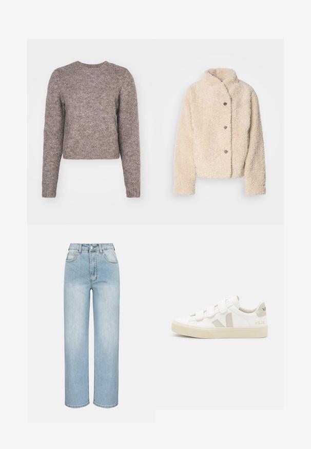 Veste en polaire beige, douce et confortable, avec un col montant, cinq boutons et un design légèrement court. Tissu doux et texturé avec une apparence chaleureuse.; Pull à manches longues de couleur marron clair, court, avec un col rond et un tissu tricoté texturé. Pas de motifs visibles ni de détails matériels.; Jean bleu clair taille haute à jambes droites avec bouton sur le devant, fermeture éclair, passants pour ceinture et design à cinq poches sur fond uni.; Baskets blanches avec des bandes Velcro, accents en daim beige, semelle en caoutchouc texturée et logo V gris. Design minimaliste, forme arrondie.