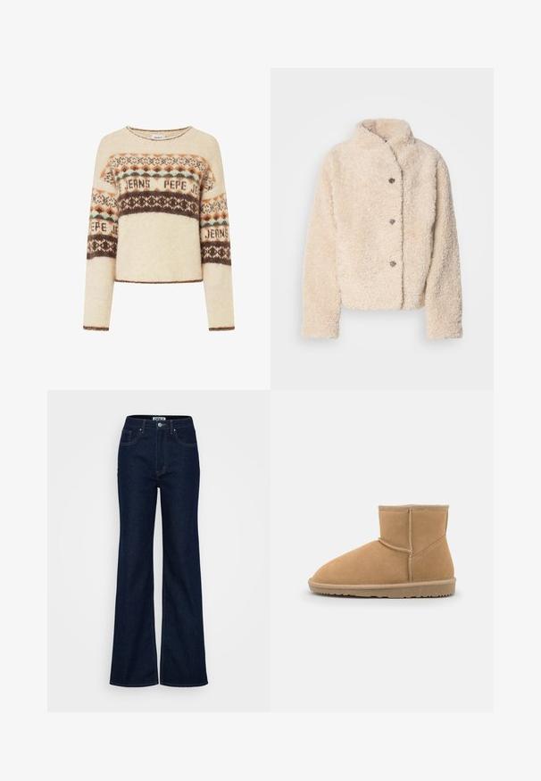 Veste en polaire beige, douce et confortable, avec un col montant, cinq boutons et un design légèrement court. Tissu doux et texturé avec une apparence chaleureuse.; Pull crème à manches longues, arborant un motif tricoté géométrique en marron, orange et teal. Encolure ronde et coupe cropped.; ONLY Tall ONLJUICY WIDE RINSE - Wide Leg - dark blue denim; Bottine en suede beige avec un bout arrondi et un col rembourré, présentant des coutures contrastantes et une semelle en caoutchouc texturée.