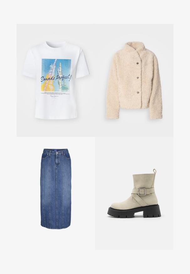 Beige, luksuriøs fleecejakke med høj krave, fem knapper og et let cropped design. Blødt, tekstureret stof med et hyggeligt udseende.; Hvid bomulds t-shirt med et farverigt grafisk motiv af to glasflasker med sugerør og teksten "Lyder Perfekt!" i fed skrift.; Blå denim midi-nederdel med lodrette syninger, knap- og lynlås foran, bæltestropper og forlommer.; Beige ankelstøvle lavet af ruskind med en bred, struktureret sort sål. Har en side spænde rem og en løkke til at trække i ved hælen.