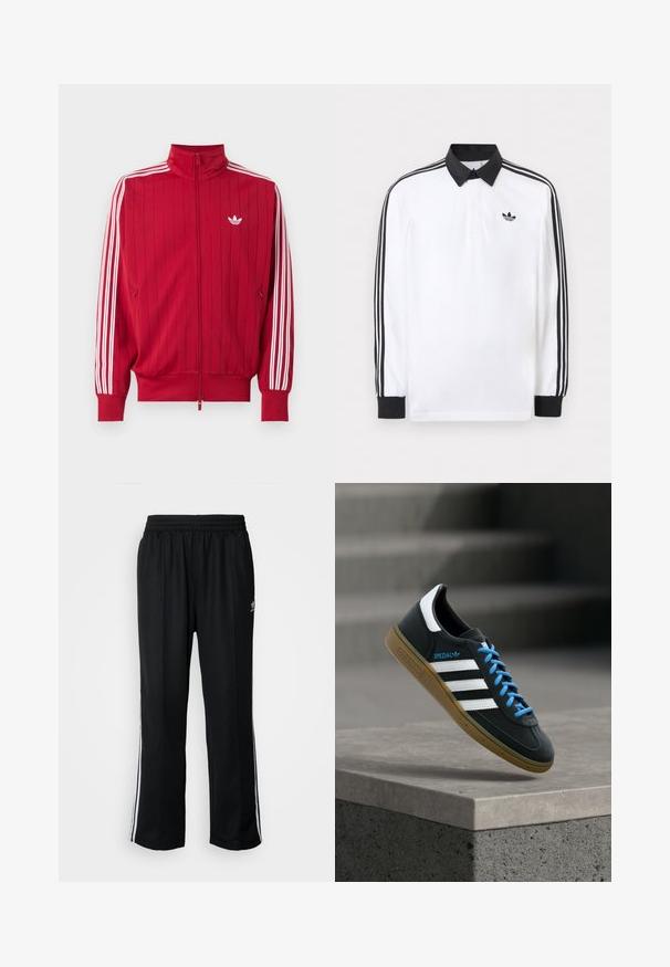 Rote Zip-Jacke mit weißen Adidas drei Streifen an den Ärmeln und kleinem weißem Trefoil-Logo auf der linken Brust.; Weißes Polo mit langen Ärmeln, schwarzem Kragen, schwarzen Bündchen, schwarzem Drei-Streifen-Design an den Ärmeln und schwarzem Adidas-Logo auf der Brust.; Schwarze Sporthosen mit elastischem Bund, ausgestattet mit weißen Seitenstreifen und einem kleinen Logo. Das Material wirkt weich und leicht.; Schwarzer Adidas-Sneaker mit weißen Streifen, blauen Schnürsenkeln und Gummisohle, der über einer grauen Betontreppe im weichen Licht schwebt.