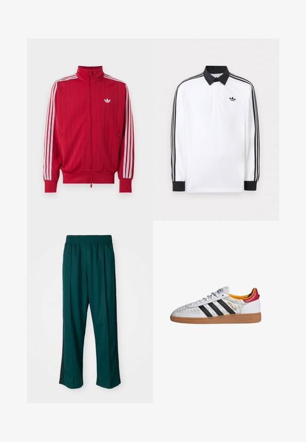 Rote Zip-Jacke mit weißen Adidas drei Streifen an den Ärmeln und kleinem weißem Trefoil-Logo auf der linken Brust.; Weißes Polo mit langen Ärmeln, schwarzem Kragen, schwarzen Bündchen, schwarzem Drei-Streifen-Design an den Ärmeln und schwarzem Adidas-Logo auf der Brust.; Dunkelgrüne Sporthose mit elastischem Bund, geradem Bein-Design und schwarzen Seitenstreifen. Hergestellt aus weichem, dehnbarem Stoff.; Weißer Adidas Spezial Sneaker mit schwarzen Streifen, Gummisohle, gestepptem Muster, rotem Fersenlaschen und gelber Innenausstattung, Seitenansicht.