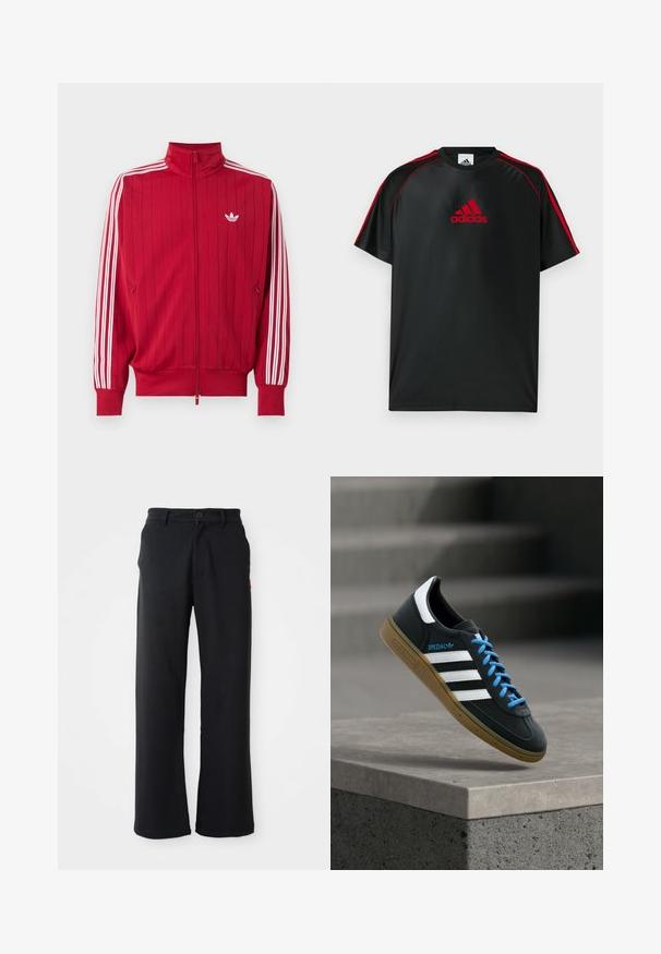 Červená športová bunda na zips s bielymi tromi pruhmi Adidas na rukávoch a malým bielym logom trefoil na ľavej strane hrude.; Čierne atletické tričko s červenými akcentmi a logom. Vyrobené z hladkej, ľahkej látky. Má okrúhly výstrih a krátke rukávy.; Čierne rovné nohavice so zapínaním na gombík a zips, pútka na opasok a postranné vrecká, vystavené na bielom pozadí.; Čierna teniska Adidas s bielymi pruhmi, modrými šnúrkami a gumovou podrážkou, ktorá sa vznáša nad sivým betónovým schodom v mäkkom svetle.