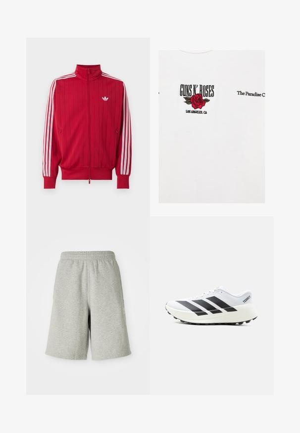 Rød trackjakke med lynlås med hvide Adidas tre striber ned langs ærmerne og lille hvid trefoil-logo på venstre bryst.; Tekst "Guns N' Roses" med en rød rose og grønne blade nedenunder, og "Los Angeles, CA" under dette på en hvid baggrund.; Grå bomuldsshorts med elastisk talje, knælængde design og diskret logo detalje på siden. Blød tekstur med en afslappet, sportiv pasform.; Hvid trail løbesko med sorte Adidas-striber, tekstureret sål og "TERREX" branding på hælen, vist i profil på hvid baggrund.