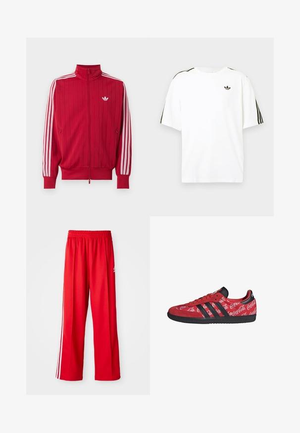 Rød trackjakke med lynlås med hvide Adidas tre striber ned langs ærmerne og lille hvid trefoil-logo på venstre bryst.; Hvid bomuld t-shirt med korte ærmer, prydet med sorte tre-stribede detaljer på skuldrene og et lille sort logo på brystet.; Røde træningsbukser lavet af letvægtigt stof, med en elastisk talje, to hvide sidestreger og et lille logo på hoften.; Rød Adidas sneaker med sorte striber og sål, med hvide Coca-Cola logoer over hele den stof øverste del.