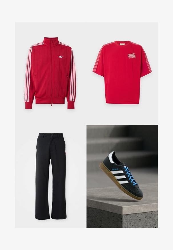 Veste de survêtement rouge zippée avec les trois bandes blanches Adidas sur les manches et petit logo trèfle blanc sur la poitrine gauche.; T-shirt rouge à manches courtes Adidas avec logo blanc et graphique de football sur le côté gauche de la poitrine, ainsi que trois bandes blanches le long de chaque manche.; Pantalon noir à jambe droite avec fermeture à bouton et zip, passants de ceinture et poches latérales, exposé sur un fond blanc.; Baskets Adidas noires avec des rayures blanches, des lacets bleus et une semelle en gomme flottant au-dessus d'une marche en béton grise sous une lumière douce.