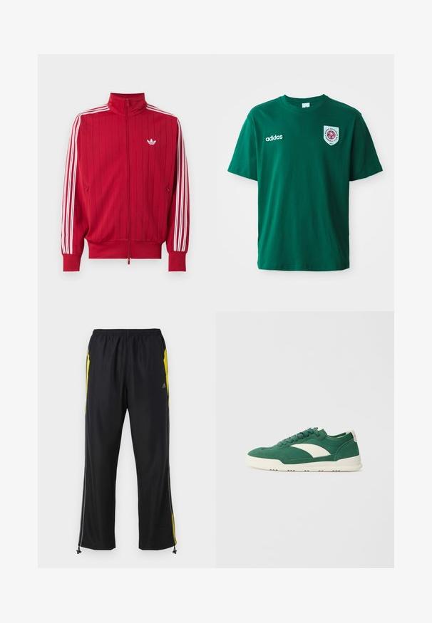Rød trackjakke med lynlås med hvide Adidas tre striber ned langs ærmerne og lille hvid trefoil-logo på venstre bryst.; Grøn bomulds T-shirt med rund hals, korte ærmer, Adidas-logo på venstre side og et cirkulært mærke med et rødt design på højre side.; Sorte træningsbukser med gule sideaccenter, elastisk talje og lynlåslommer på siden. Fremstillet af let og glat stof.; Grøn lærredssneaker med et cremefarvet stripe-design, runde snørebånd og en tekstureret gummisål med let hævning.