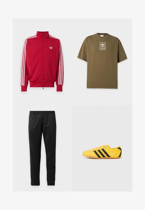 Červená športová bunda na zips s bielymi tromi pruhmi Adidas na rukávoch a malým bielym logom trefoil na ľavej strane hrude.; Olivovo zelené tričko Adidas s malým bielym logom a textovou nášivkou umiestnenou v strede na hrudi na svetlom jednofarebnom pozadí.; Čierne športové nohavice vyrobené z hladkej tkaniny, vybavené elastickým pásom, zúženými nohavicami a rebrovanými manžetami na členkoch.; Žltá športová obuv s textúrovaným zvrškom, s čiernymi pruhmi a logom. Zaoblená špička, mäkká podrážka a vzor v tvare cik-cak na materiáli.