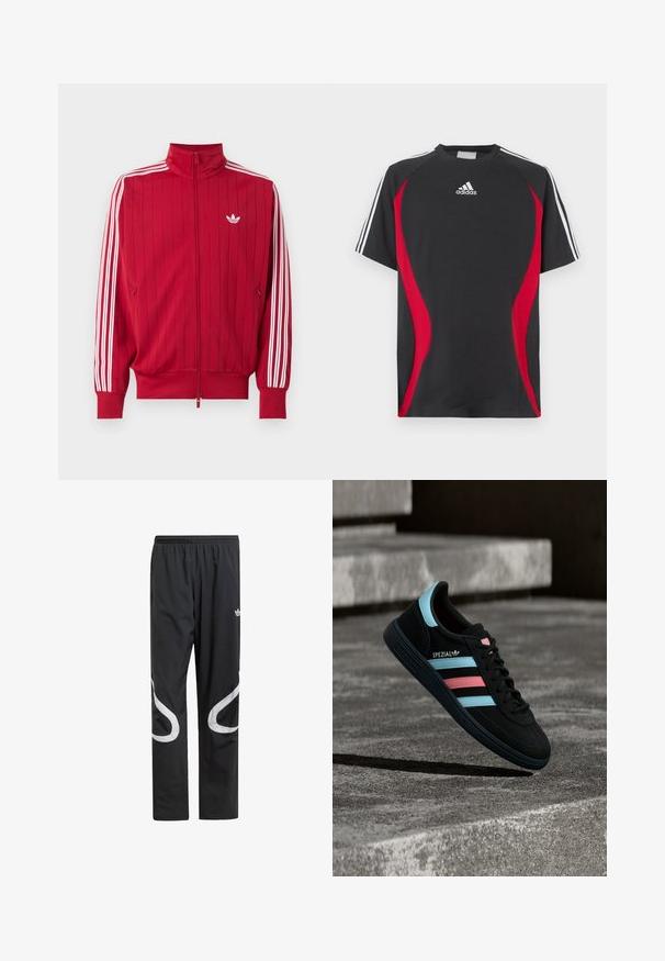 Červená športová bunda na zips s bielymi tromi pruhmi Adidas na rukávoch a malým bielym logom trefoil na ľavej strane hrude.; Čierne tričko s krátkym rukávom s červenými bočnými akcentmi, bielym logom Adidas na hrudi a bielymi pruhmi na ramenách. Vyrobené z hladkej tkaniny.; Čierne športové nohavice s elastickým pásom, s veľkými bielymi zakrivenými akcentmi po stranách a malým logom na hornej strane stehna.; Čierna teniska Adidas Spezial s modrými a ružovými pruhmi, vznáša sa nad textúrovaným sivým betónovým povrchom so tieňom pod ňou.