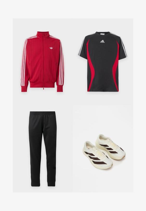 Červená športová bunda na zips s bielymi tromi pruhmi Adidas na rukávoch a malým bielym logom trefoil na ľavej strane hrude.; Čierne tričko s krátkym rukávom s červenými bočnými akcentmi, bielym logom Adidas na hrudi a bielymi pruhmi na ramenách. Vyrobené z hladkej tkaniny.; Čierne športové nohavice vyrobené z hladkej tkaniny, vybavené elastickým pásom, zúženými nohavicami a rebrovanými manžetami na členkoch.; Svetlé krémové bežecké tenisky s tmavohnedými diagonálnymi pruhmi, textúrovaný vrch z sieťoviny a polstrovanú podrážku. Obsahujú žltú značku "ADIZERO".