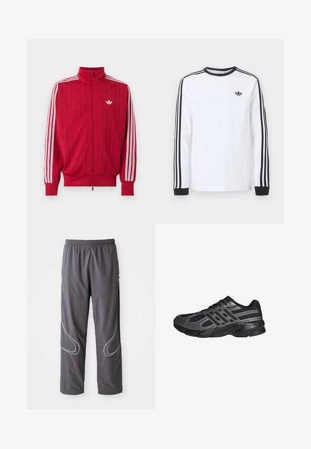 Rød trackjakke med lynlås med hvide Adidas tre striber ned langs ærmerne og lille hvid trefoil-logo på venstre bryst.; Hvid langærmet Adidas-trøje med sort rund hals, sorte manchetter, tre sorte striber ned langs ærmerne og sort trekløverlogo på brystet.; Herrernes grå sportbukser med elastisk linning, lynlåslommer og reflekterende hvide detaljer på siderne. Letvægtig, glat tekstur.; Sorte træningssko lavet af mesh og syntetiske materialer, med en tekstureret overflade, flere grå striber og en polstret krave.